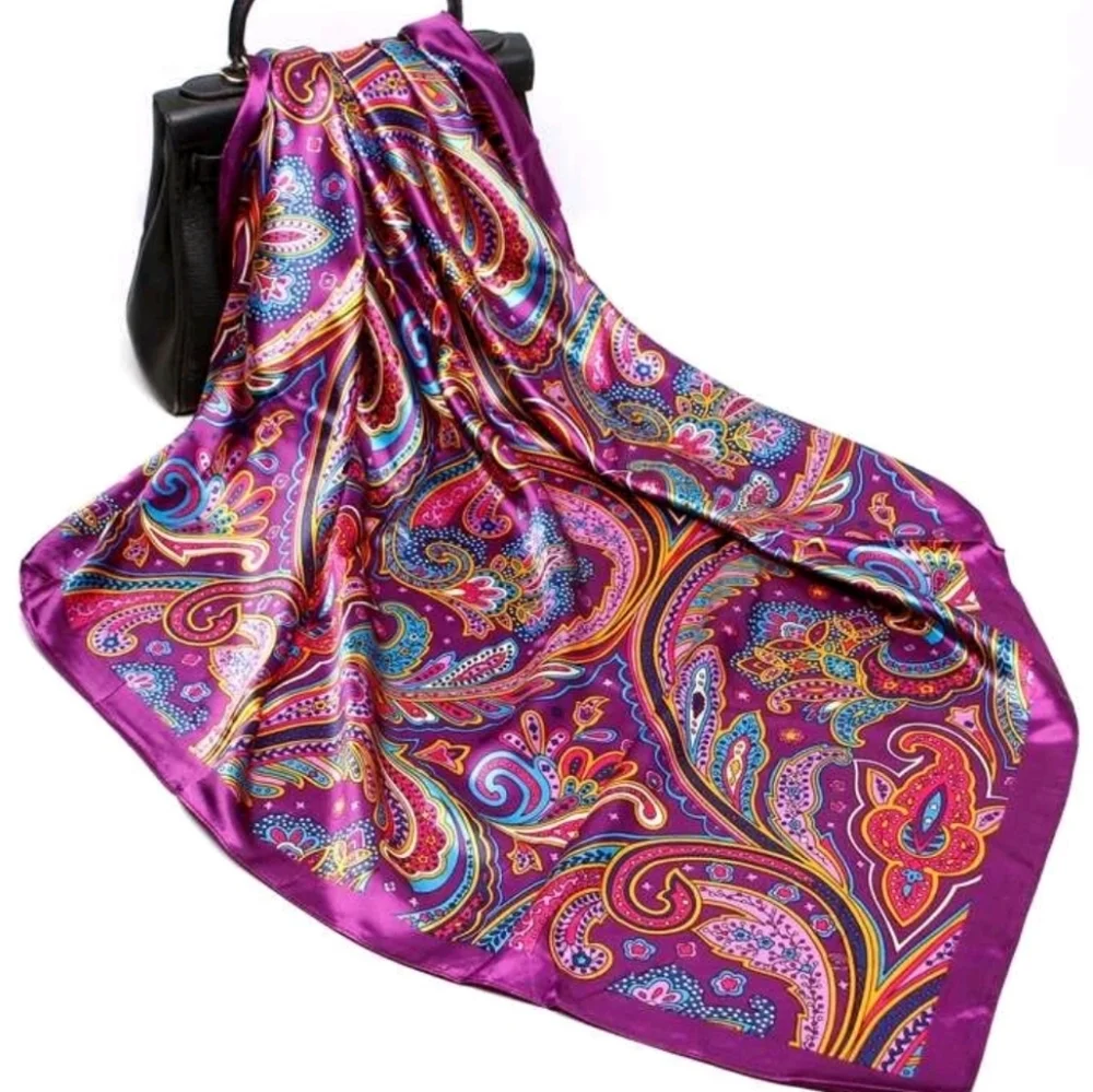 Oversized Satin square Scarf Purple Paisley boho Festival for head neck hair 💖